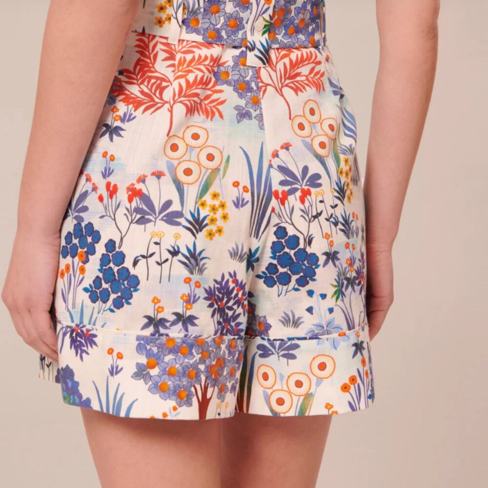 Tara Jarmon Paris Belted Shelby 100% Cotton Blue Floral High Waist Shorts Size 6